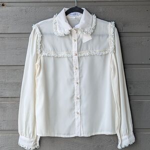 NWT Shop Kultivate Ivory Blouse with Tweed Fringe Size Large Pearl Buttons Large